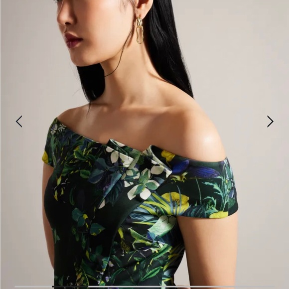 TED BAKER LONDON ~ Devina ~ Green Floral Bardot Midi Strapless Bodycon Dress ~ - Picture 4 of 5
